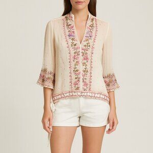 Lotta Stensson Silk Embroidered Beaded Tunic White V Neck Side Tie Top